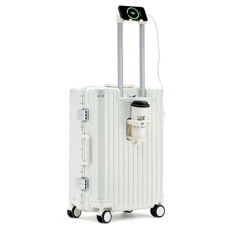Hard-shell aluminium frame suitcase in avocado green colour with USB port and universal wheels.