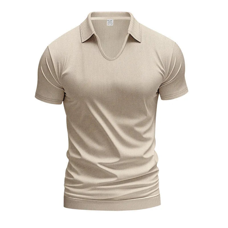 Men's light grey V-neck loose-fit short sleeve t-shirt on a hanger