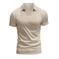 Men's light grey V-neck loose-fit short sleeve t-shirt on a hanger