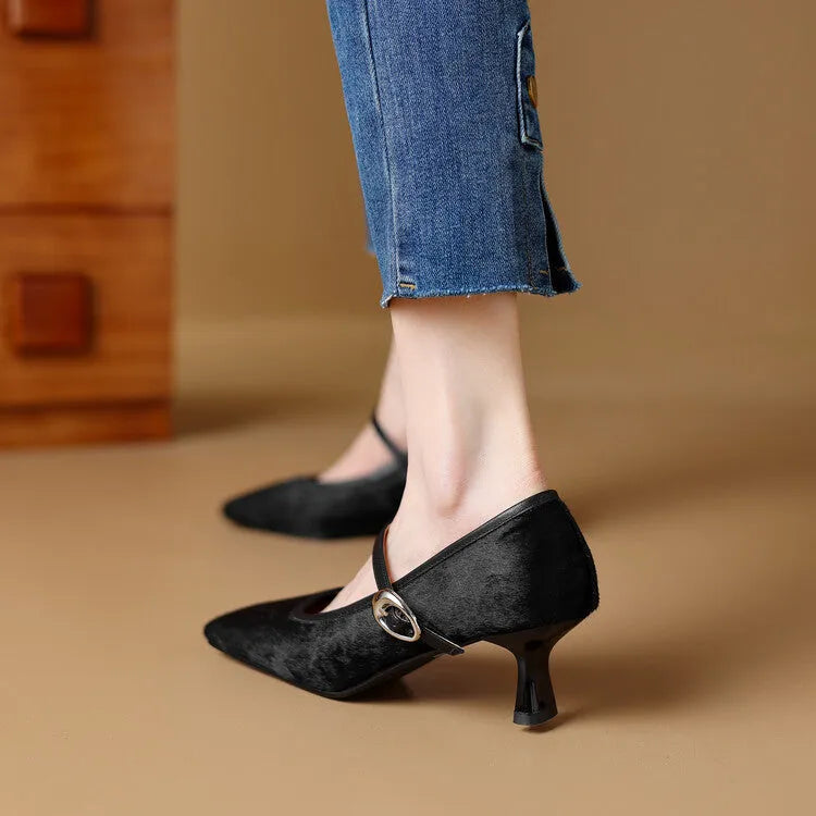Women's black square toe stiletto ankle-strap heels with horse hair upper on a plain background.