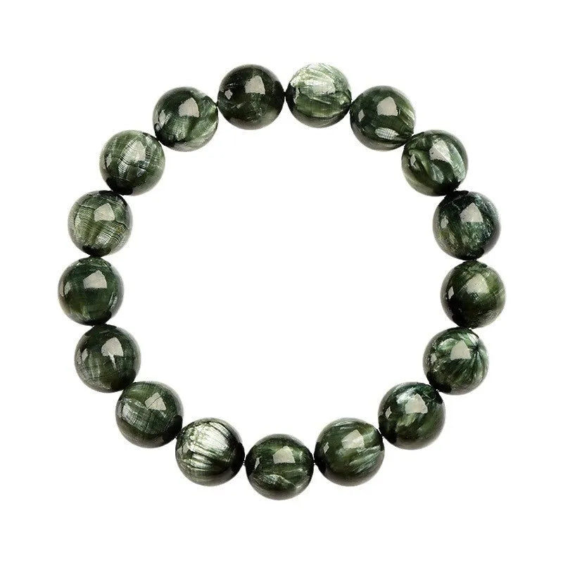 Green Dragon Crystal bracelet with 8-9mm round beads and Ruyi design elements on wrist