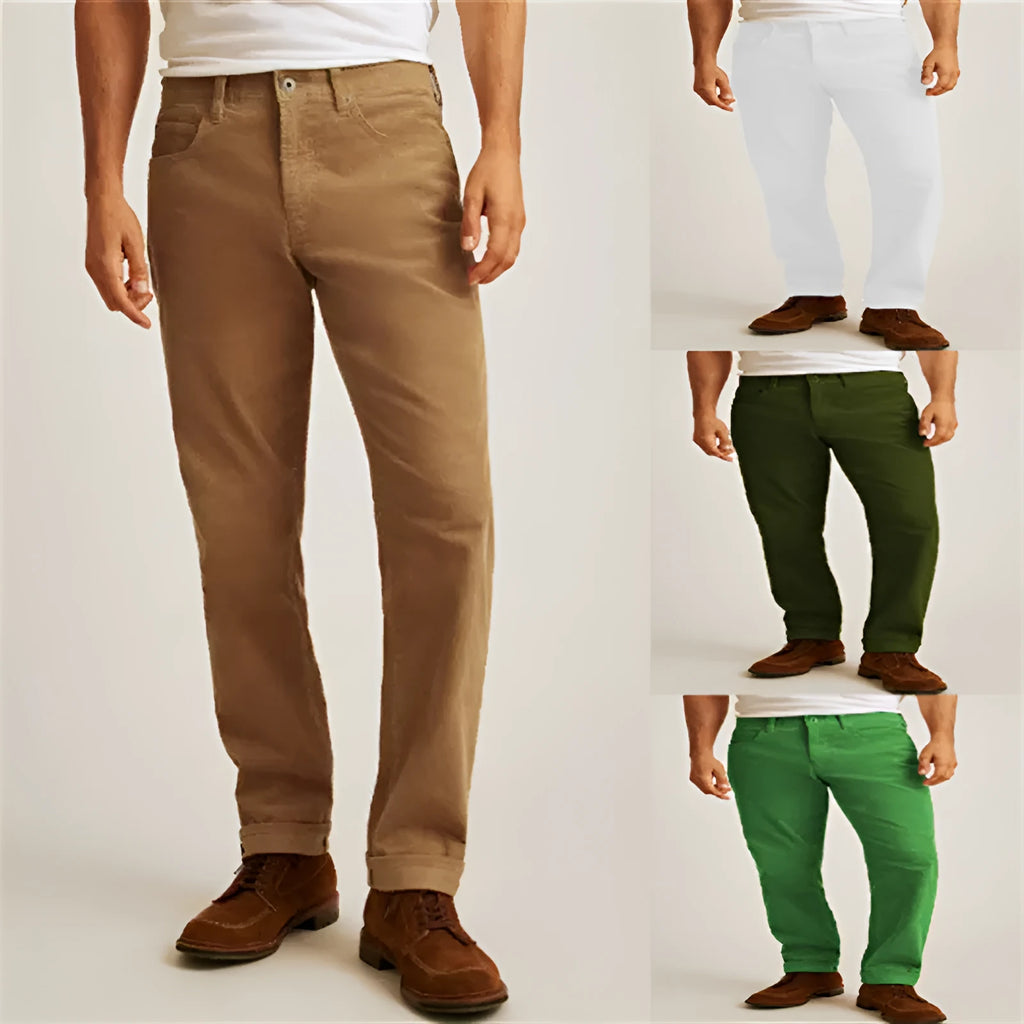 Straight leg corduroy casual trousers in army green colour showing mid waist and zip placket detail.