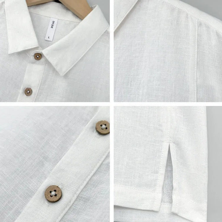 Men's loose-fit linen short-sleeve top in grey green on a hanger.