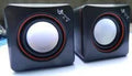 Black 2.0 small square desktop speaker with USB power cable for computers