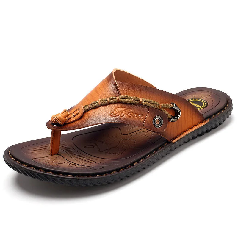 Men's plus size herringbone outdoor slippers in dark blue and khaki with rubber sole and leather lining