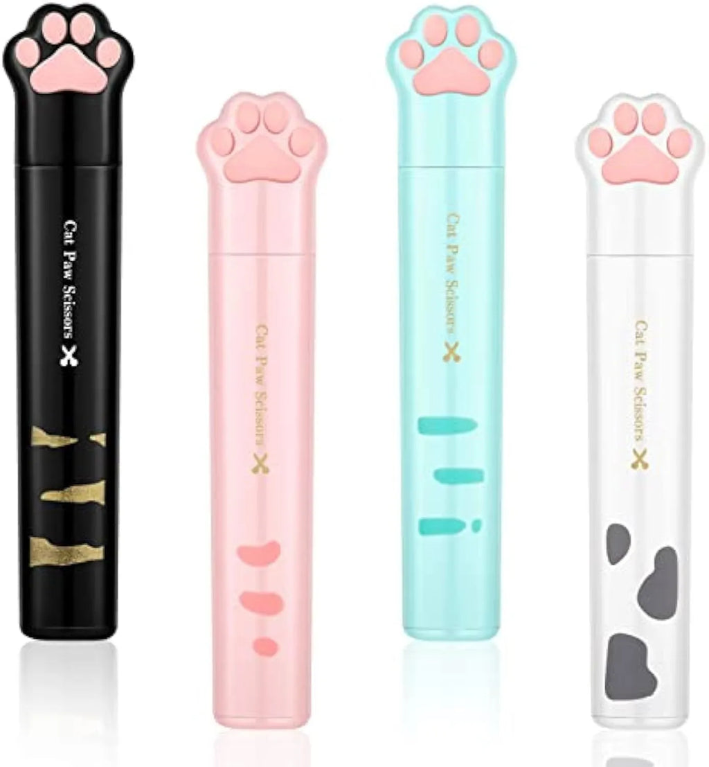 Cat paw mini folding scissors showing stainless steel blades and decorative claw design in four colour options