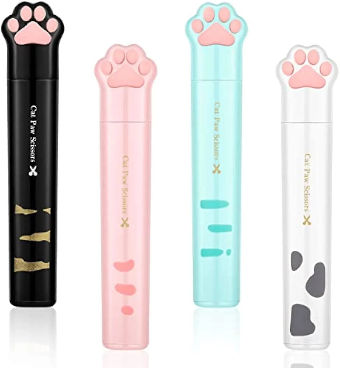 Cat paw mini folding scissors showing stainless steel blades and decorative claw design in four colour options