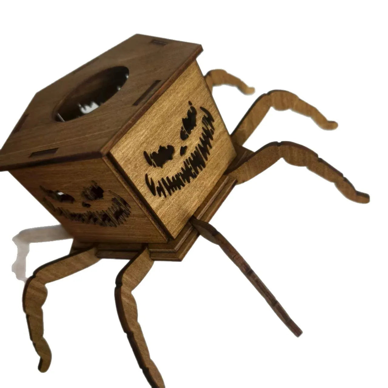 Wooden spider lantern Halloween candlestick decoration measuring 21cm by 8.5cm