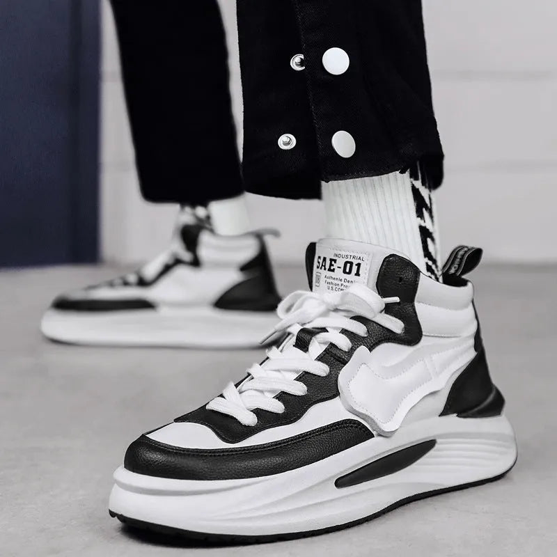 Men's black and white platform high-top board shoes with PU upper and round toe design