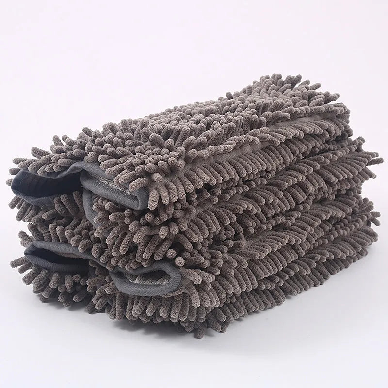 Grey pet scrubbing towel glove made of absorbent fibre, 35x80cm size, for cats and dogs