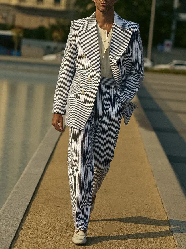 Blue and white striped polyester suit set with blazer and trousers for men