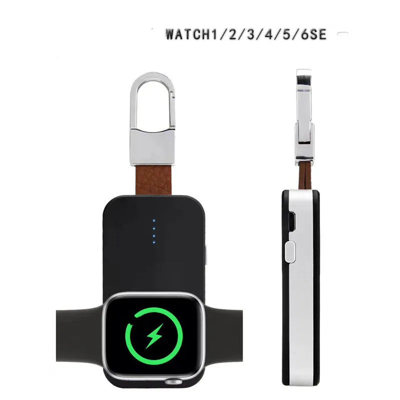 Black Apple Watch portable wireless charger keychain with keyring, shown next to an Apple Watch.