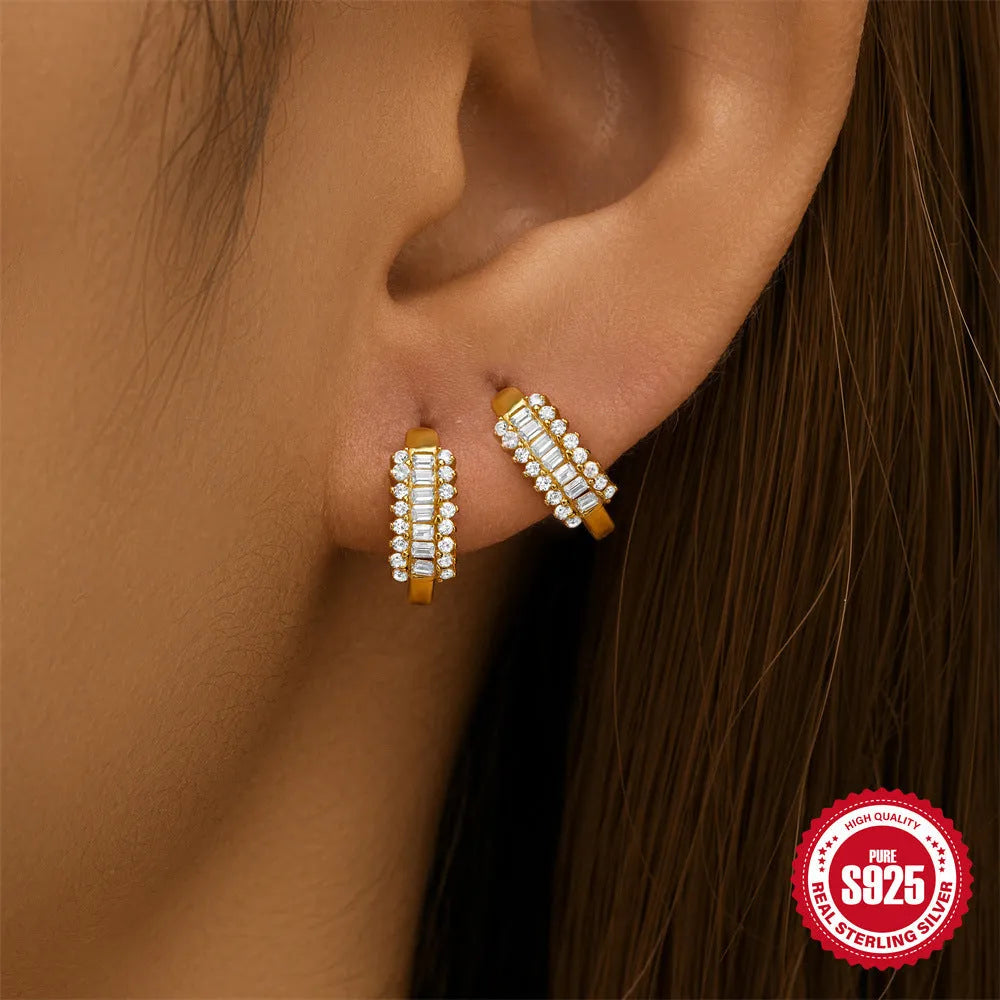 Geometric circle stud earrings in sterling silver with diamond accents and electroplated gold or silver finish