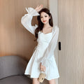 White chiffon patchwork women's maxi dress with long sleeves and waist-slimming silhouette