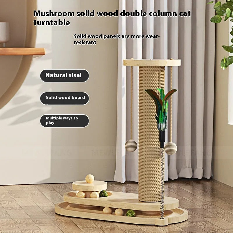 Solid wood cat turntable scratching post with natural wood scratching surface and multiple design variants