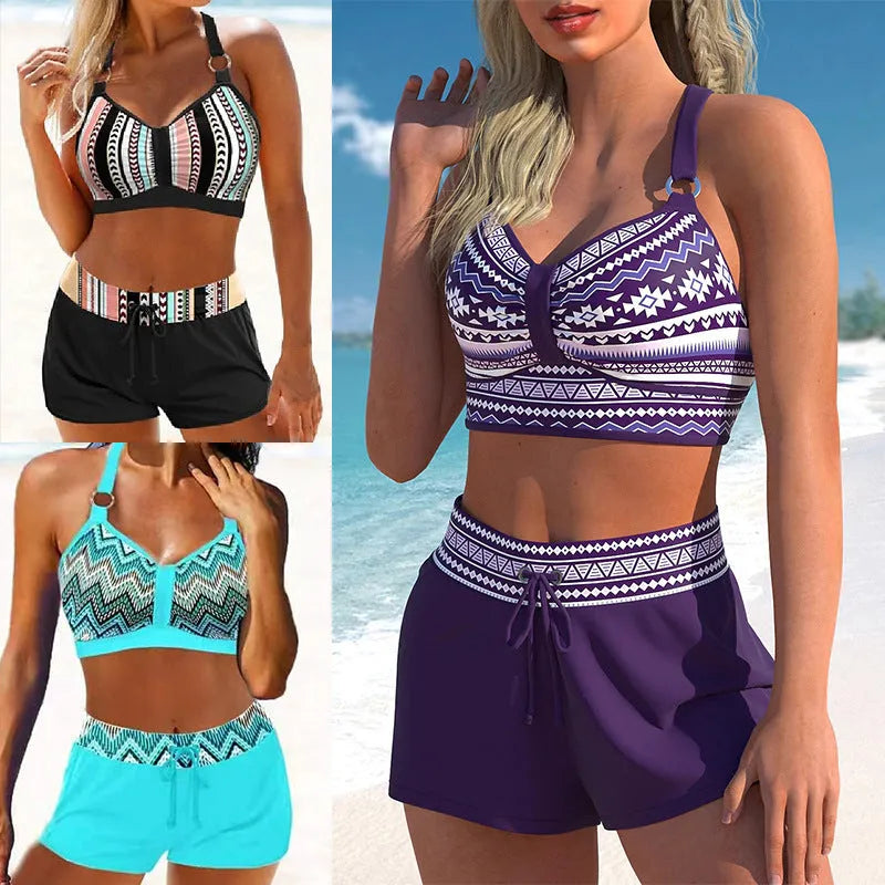 Women's navy blue and print two-piece polyester bikini swimsuit showing front design