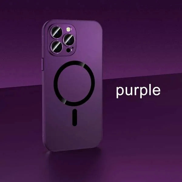 Aluminium alloy and PC magnetic iPhone case with lens protector for iPhone 12, 13, 14 models in black, blue, gold, purple, silver.