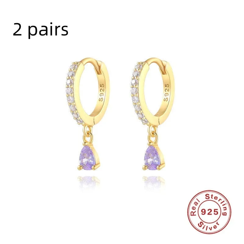 S925 sterling silver geometric water drop earrings with electroplated finish and decorative stone inlay.