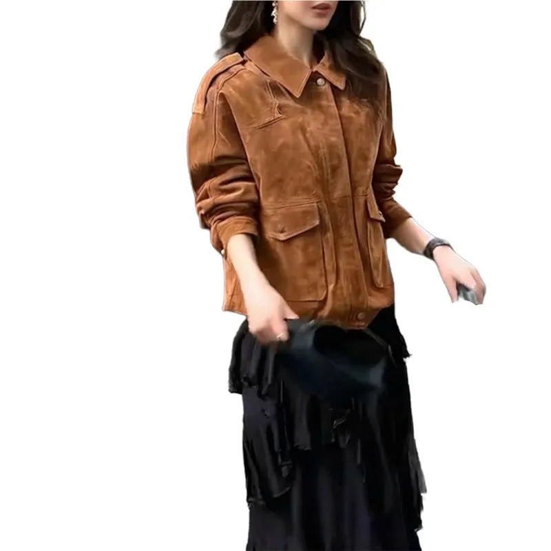 Women's brown suede-look coat with regular sleeves and street chic styling
