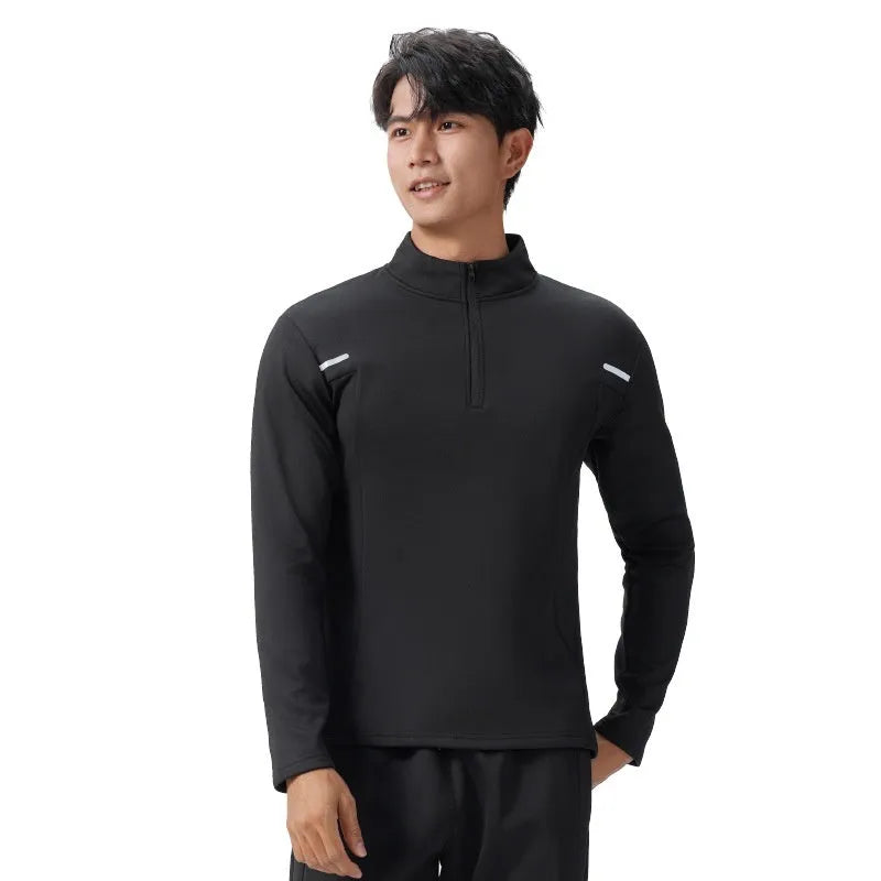 Men's half zip windproof quick dry training top in black, long sleeve, fleece lined, polyester fabric