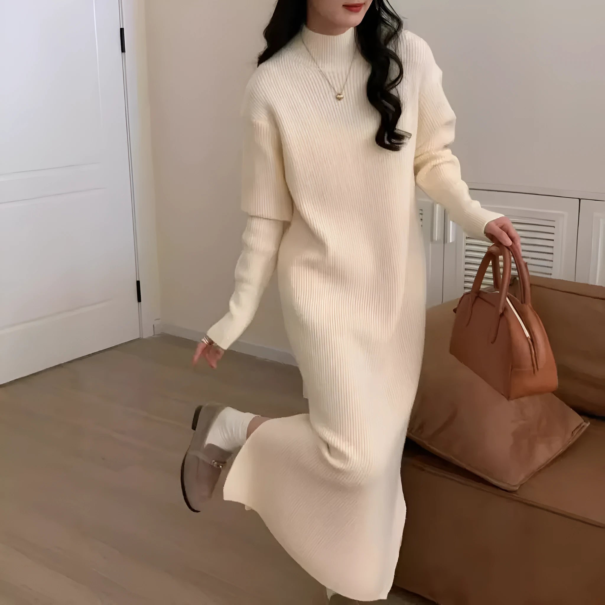 Acrylic knitted dress with high waist, long sleeves, and mid-length skirt in commuting style