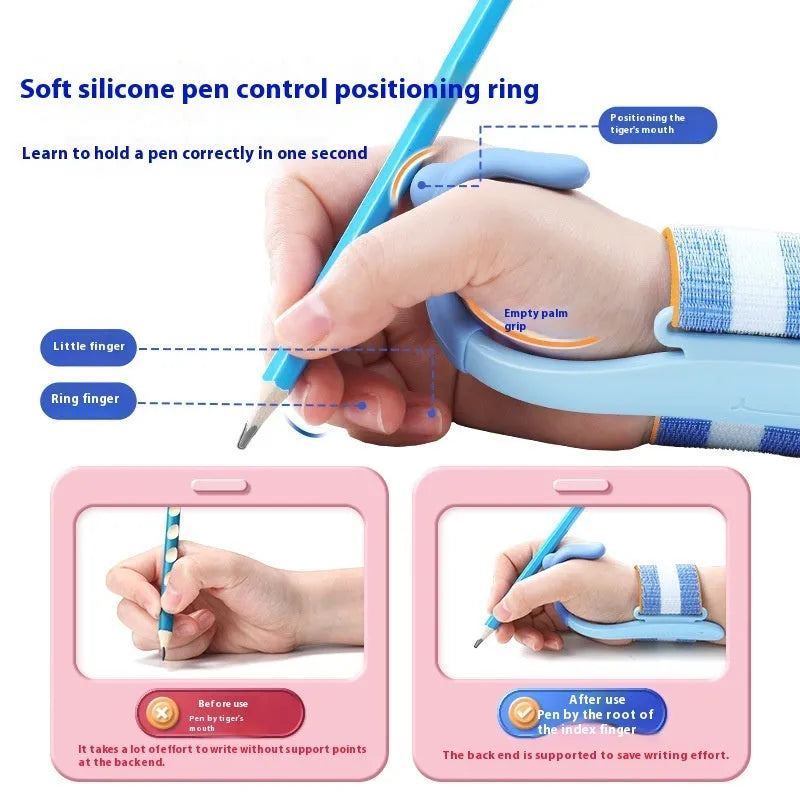 Blue Anti-hook Holder Pen Control Corrector wrist brace for pen grip correction.