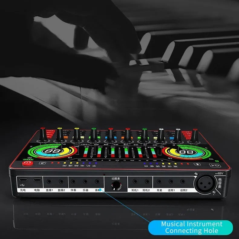 G4 professional sound card mixer with LCD screen, microphone, and remote control for live streaming.