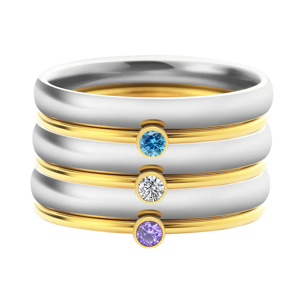 December birthstone engraved titanium steel ring with geometric design and gold electroplating.