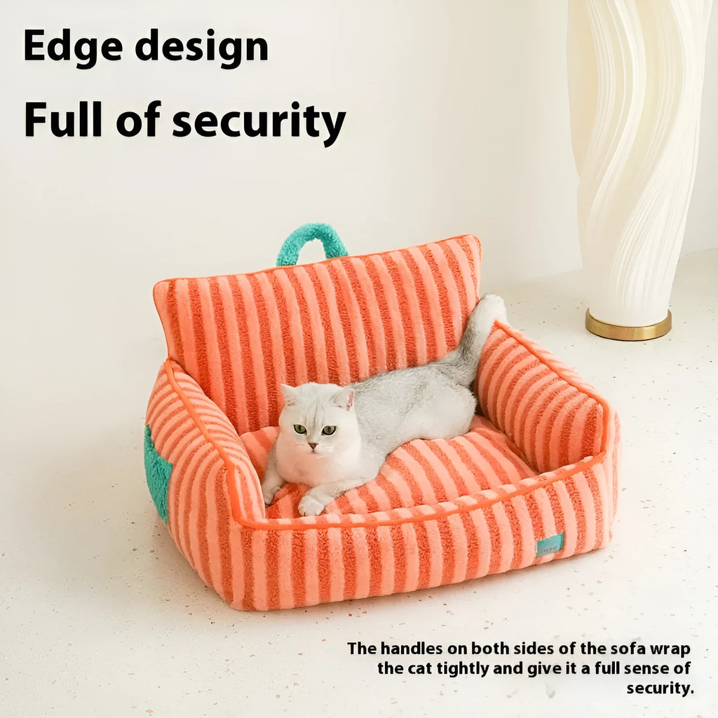 Striped orange plush pet bed with removable cover for small medium dogs