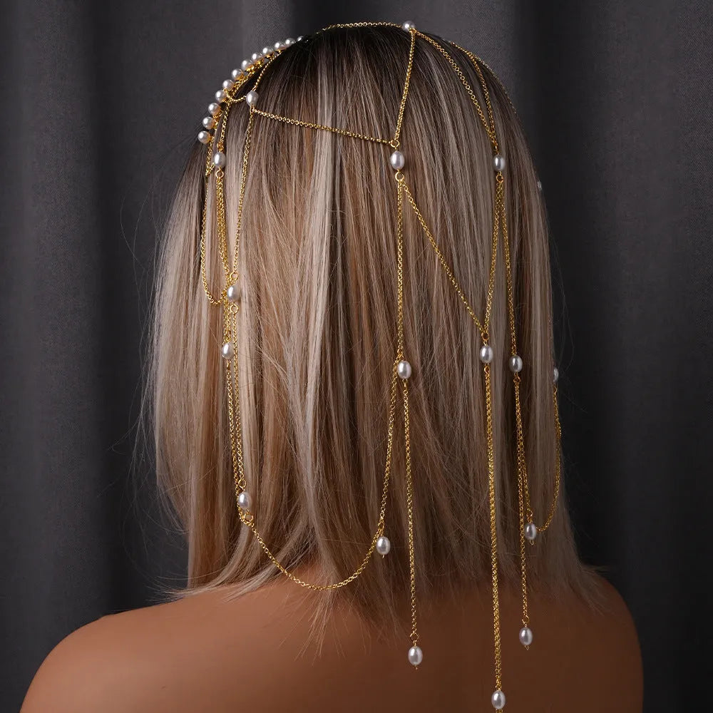 Women's mesh tassel hair chain jewellery in gold or silver with pearl details
