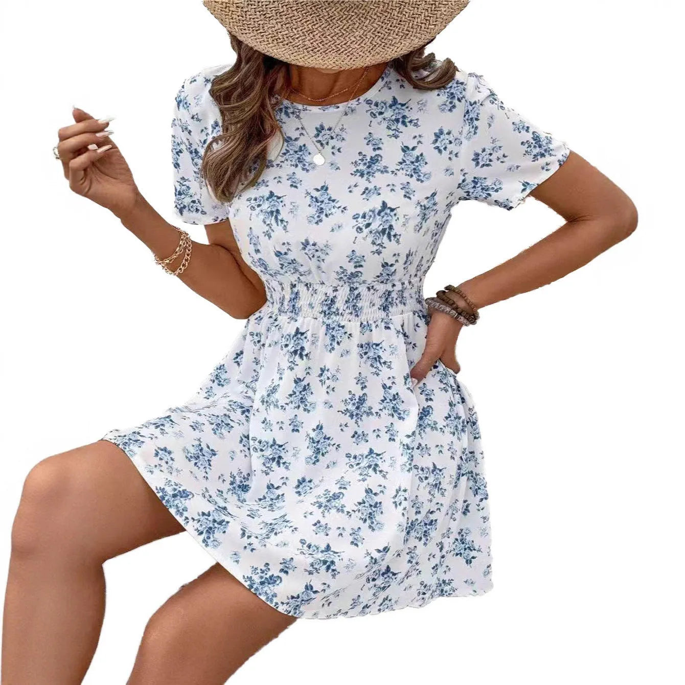 Light blue polyester A-line dress with high waist and backless design in Korean casual style