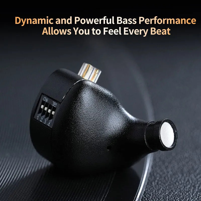 Black wired back-winding earphones with adjustable tone monitor and through-hole plug