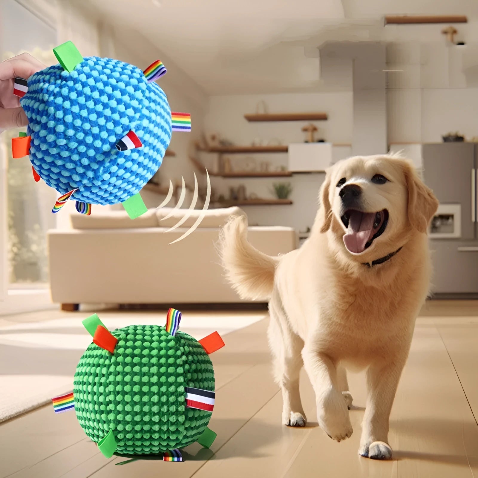 Blue vocal ball dog chew toy with rolling molar ring design and pineapple lattice texture, 17cm diameter