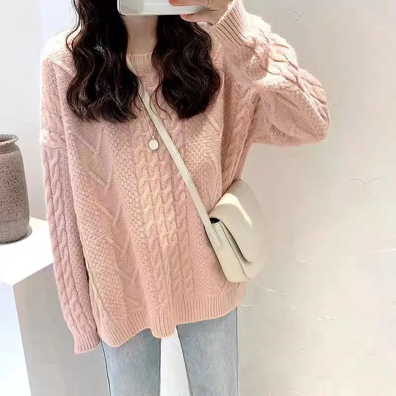 Thick hemp flowers knitted round neck sweater retro loose top in solid colour with long sleeves and round neck