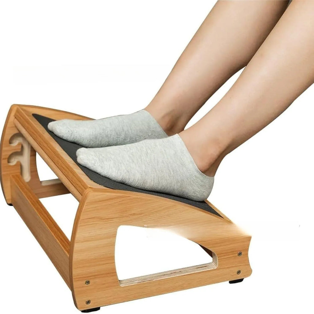 Natural wood colour adjustable bamboo office desk footstool showing height adjustment mechanism