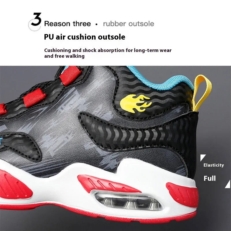 Children's rotating button basketball shoes in synthetic leather with PU sole, showing fastening system and colour options