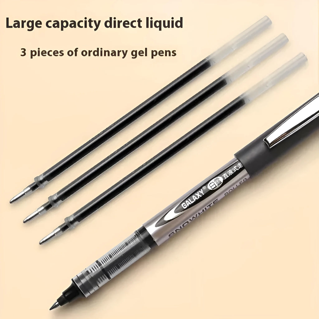 Water-based quick-drying signature pen with 0.5mm fine tip, plastic shell, shown in black, blue, ink blue, and red ink options