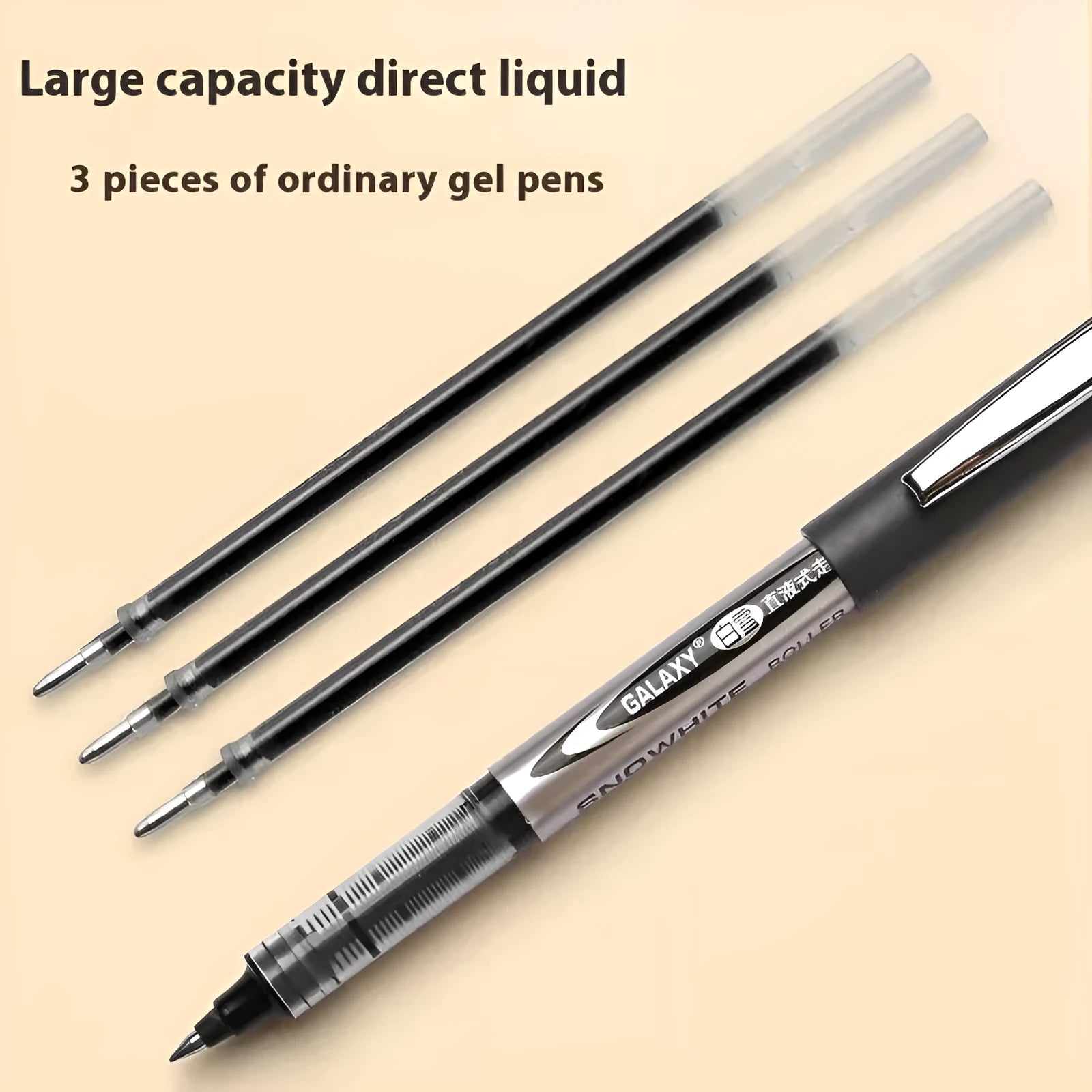 Water-based quick-drying signature pen with 0.5mm fine tip, plastic shell, shown in black, blue, ink blue, and red ink options