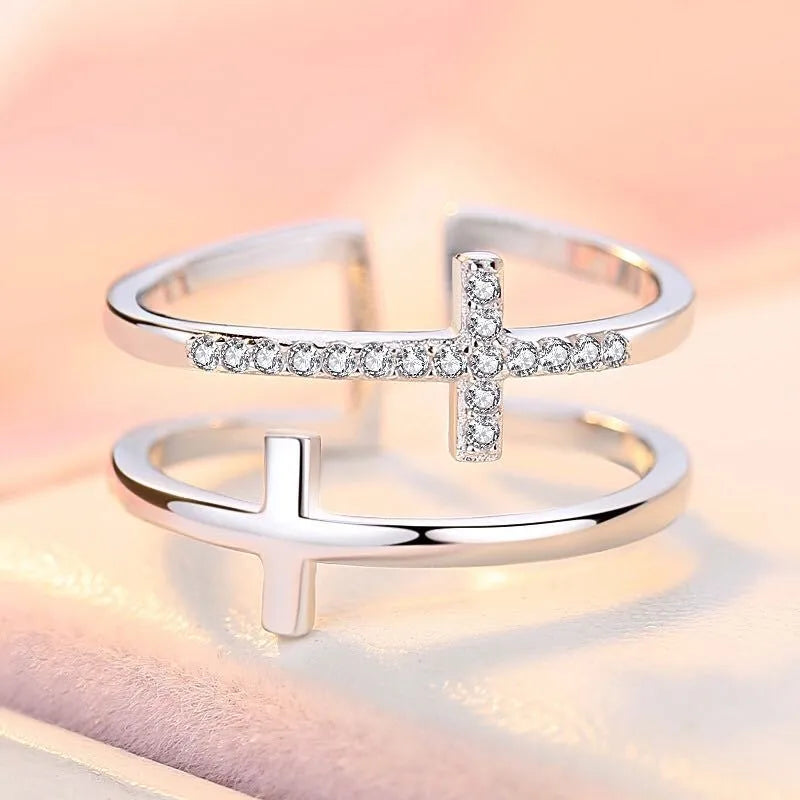 Adjustable double cross women's ring with zircon gemstones in copper band with electroplated finish