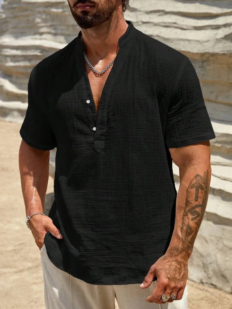 Men's solid colour short-sleeve casual shirt with a stand collar, shown in a light blue colour.