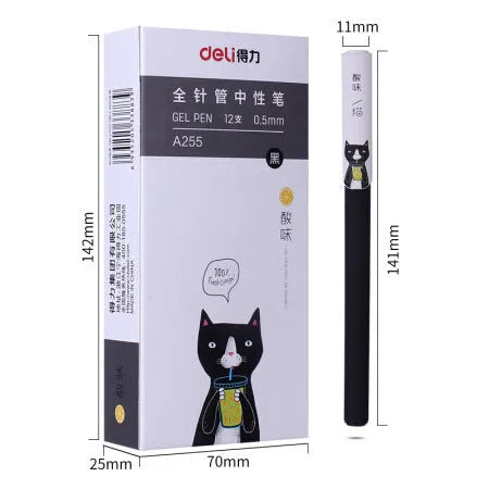 Black gel pen with full needle tube design on white surface, plastic body, cap on