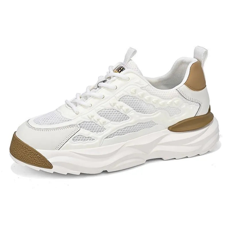 Men's white and black breathable PU mesh casual trainers with round toe.