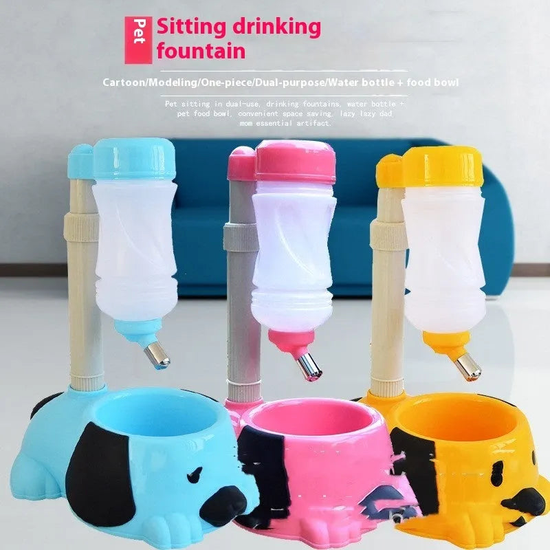 Adjustable pet drinking bowl with rod lift mechanism in blue, pink or yellow colour