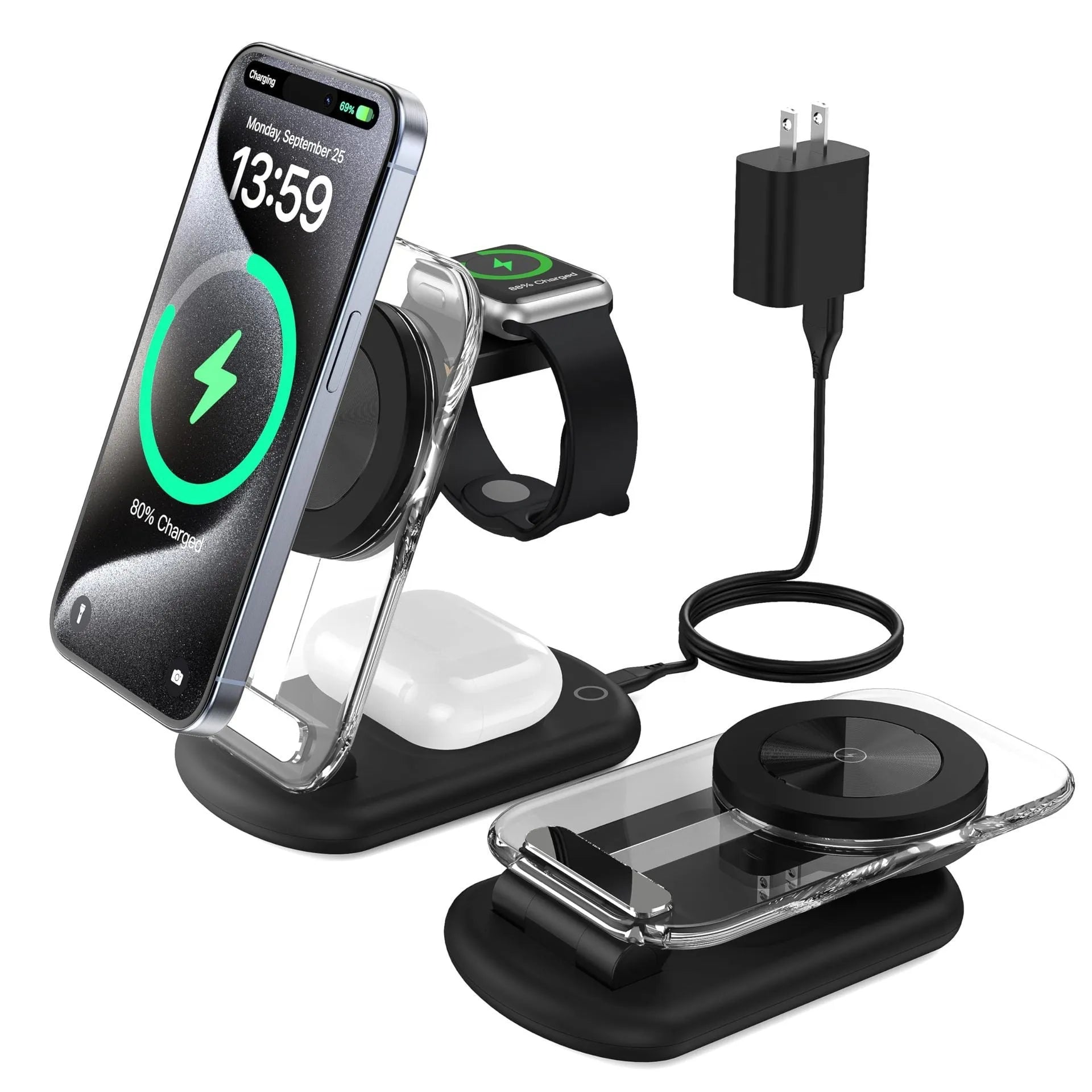 Transparent folding three-in-one wireless charger showing internal components
