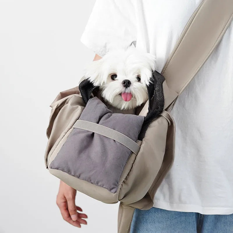 Apricot cloth pet carrier handbag for small dogs and cats showing medium size dimensions