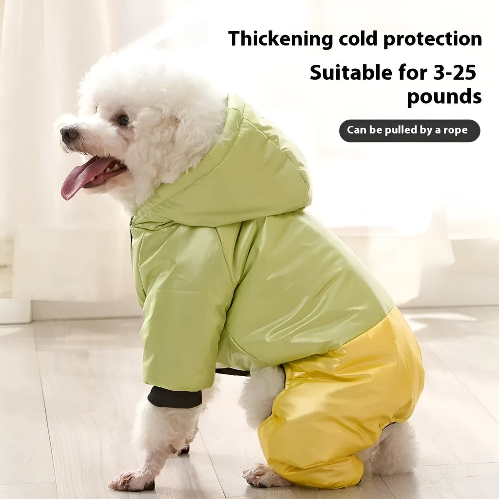 Green waterproof cotton dog coat on a dog, showing four-legged design.