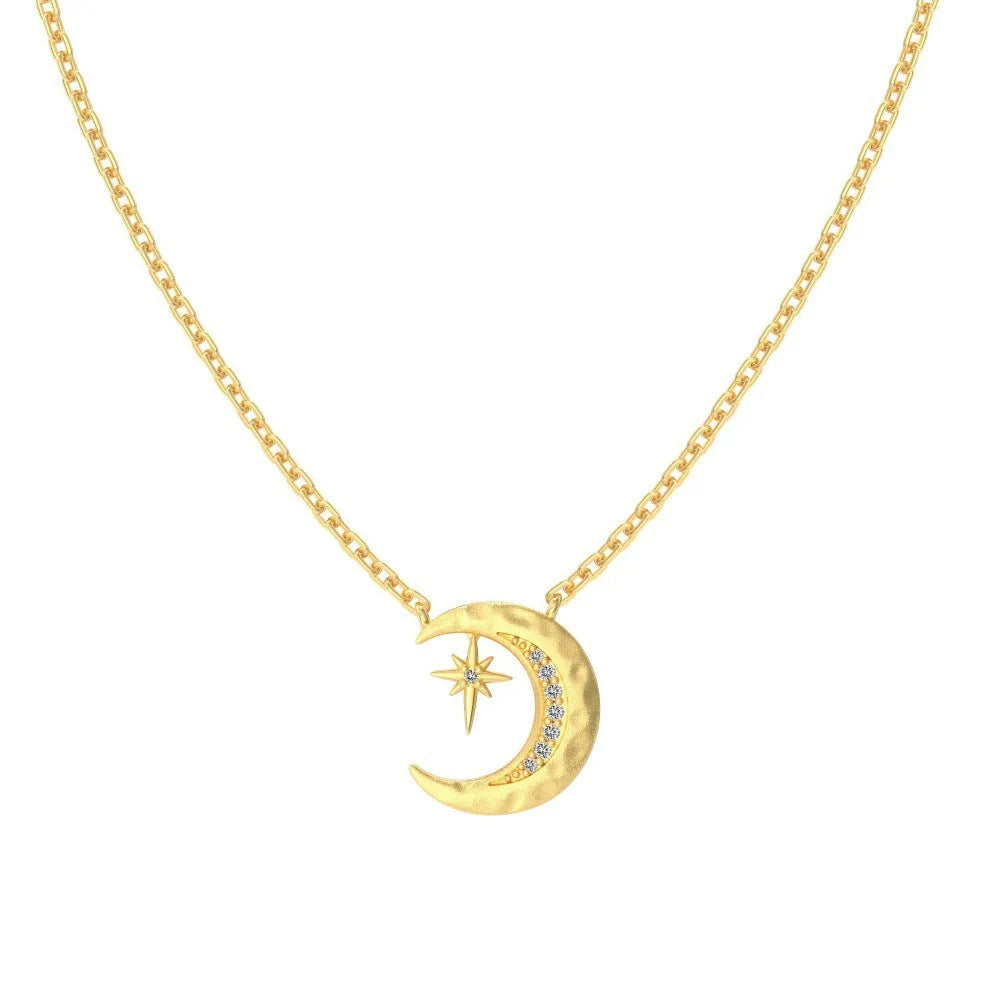 S925 sterling silver necklace with moon pendant on clavicle chain, available in gold, platinum, and silver