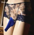 Men's black ultra-thin mesh underwear briefs with a printed design, showing mid-waist fit.