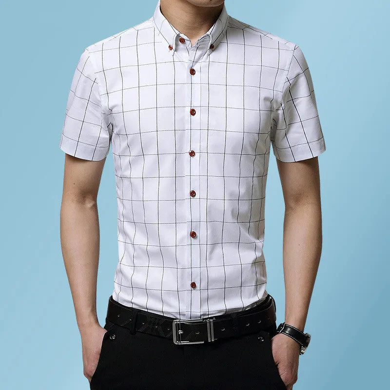Men's casual short sleeve plaid shirt in red, slim fit cardigan style, cotton polyester blend