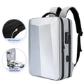 Men's waterproof business backpack in black and silver white colours showing curved shoulder straps and splicing design elements